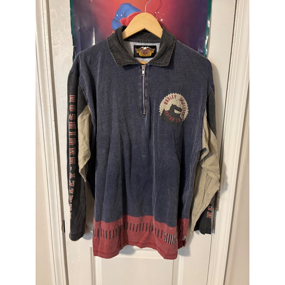 Vintage Harley Davidson Quarter Zip Long Sleeve Shirt Colorblock AOP Blue L